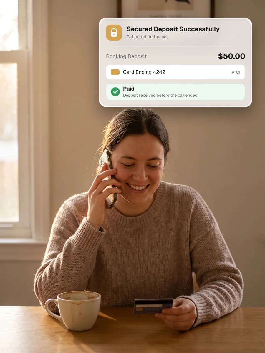 A woman on the phone holding a card at her kitchen table