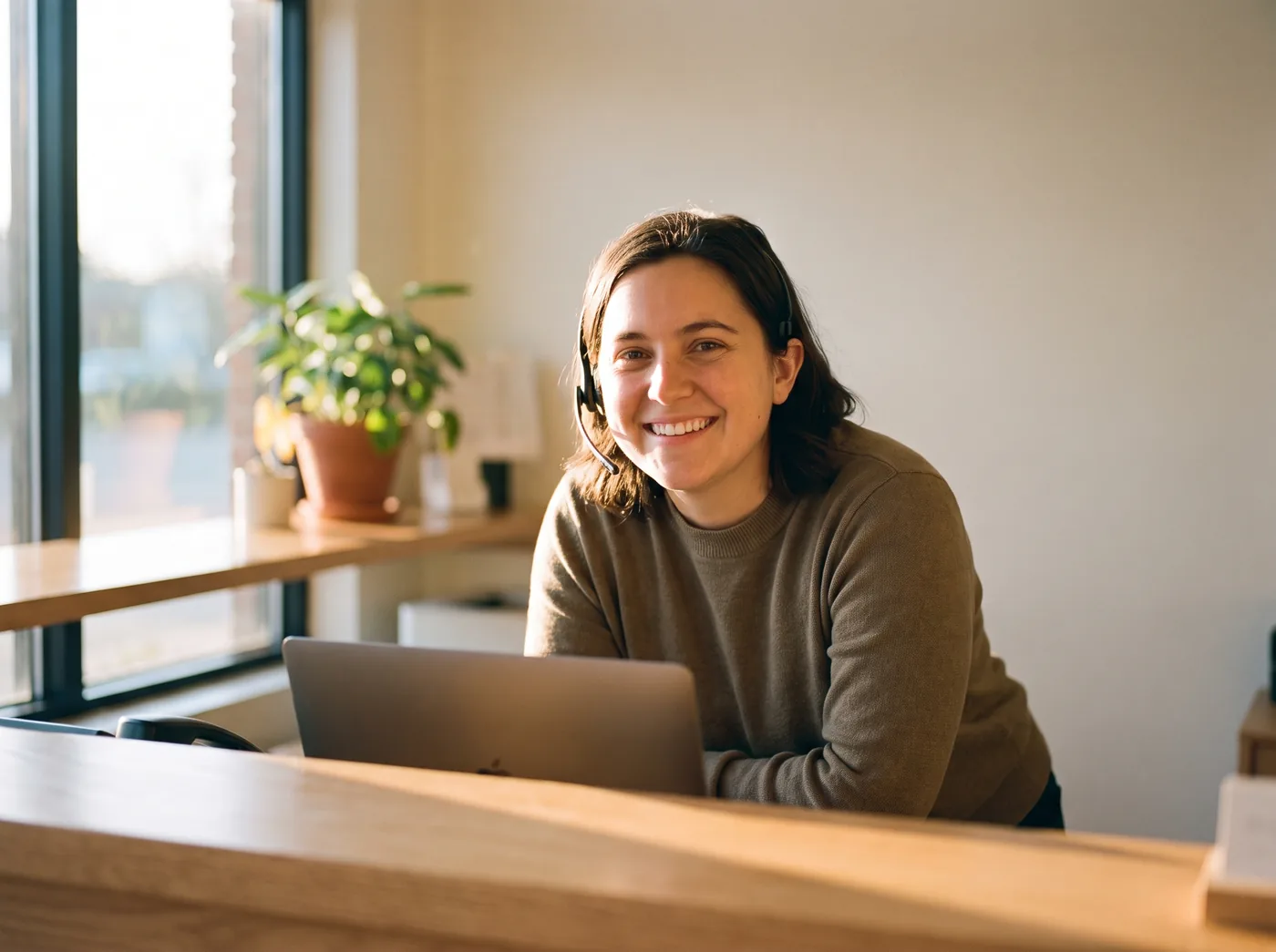 A friendly receptionist wearing a headset answering a call at a bright desk