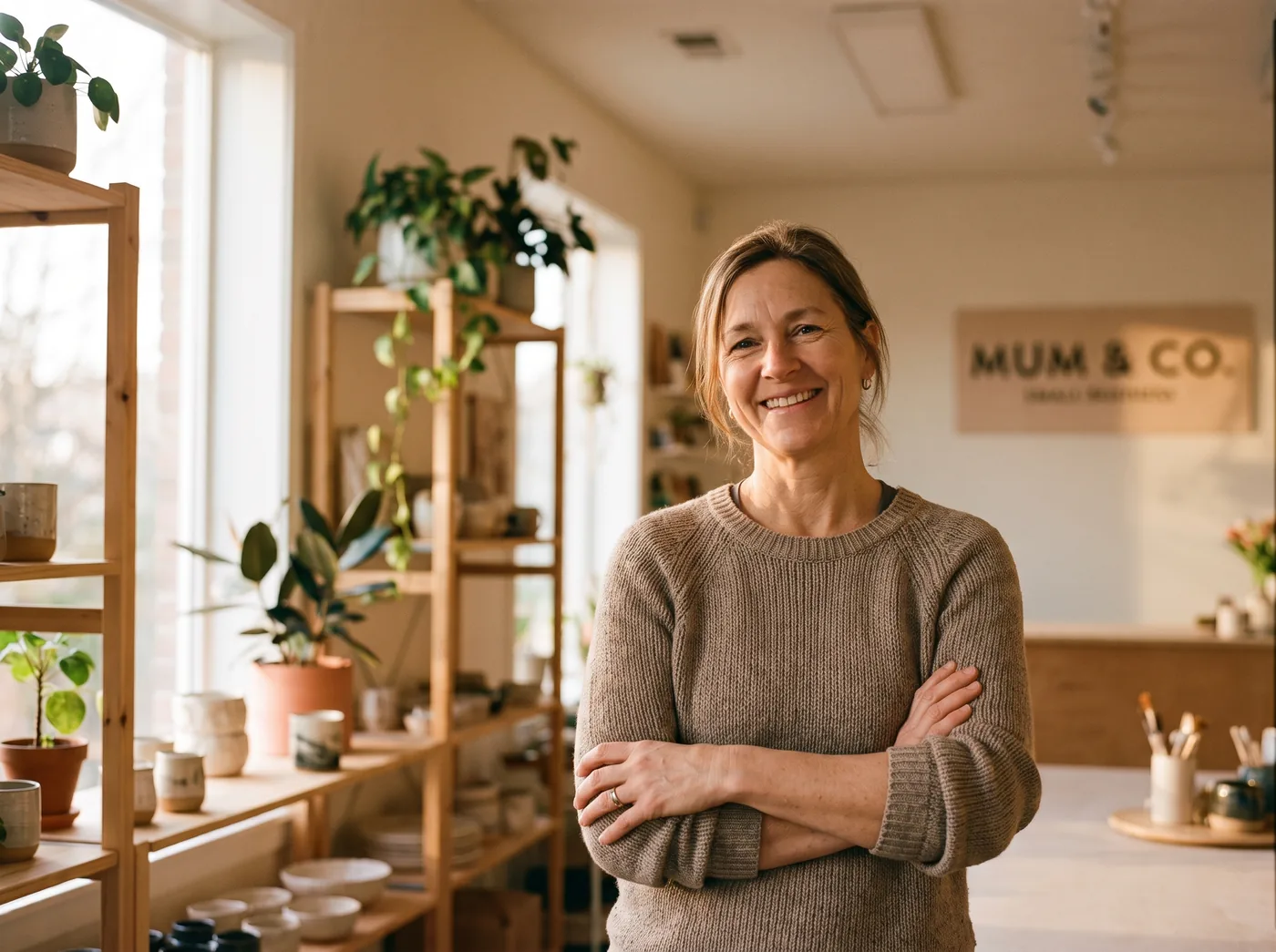 A confident small-business owner standing in her branded studio