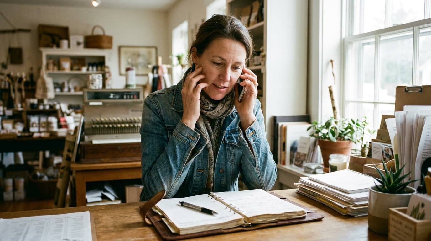 A small business owner stands at her shop counter with a phone to her ear, writing into an open appointment book