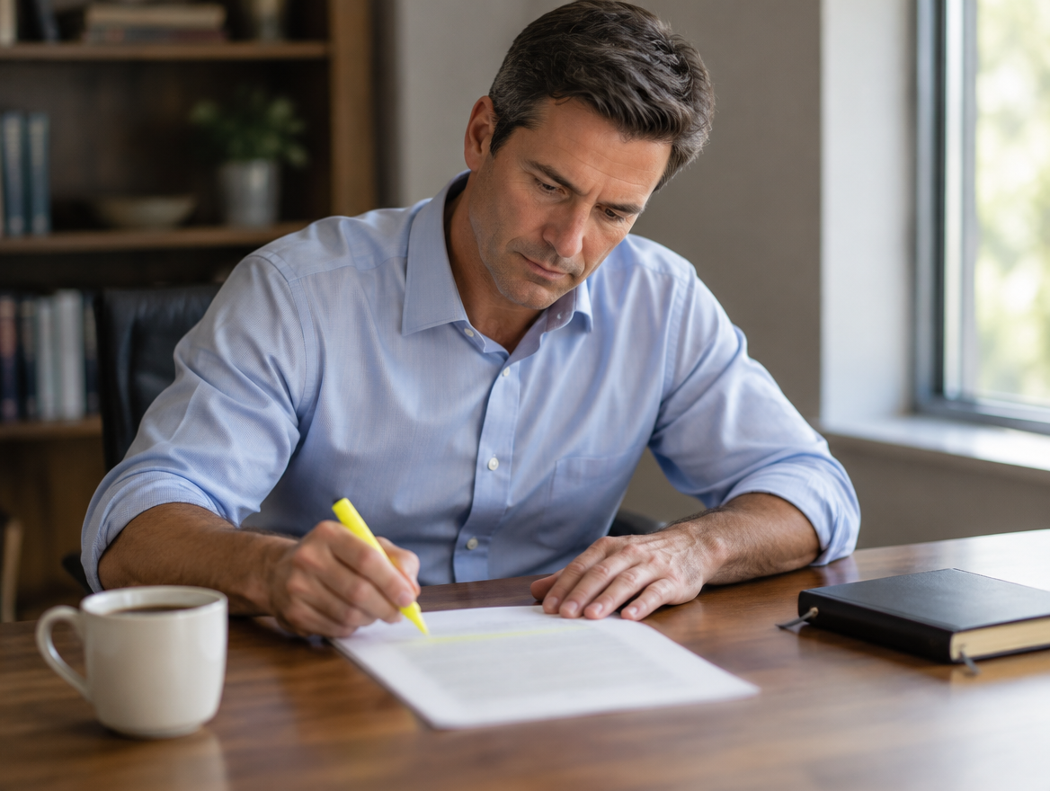 An attorney at a wooden desk in the morning marks up a printed page with a highlighter, a cup of coffee beside him.