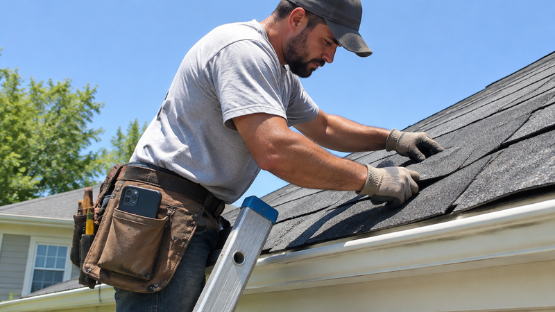 A roofer on a ladder against a house with both hands full of shingles, his phone tucked in his tool belt.