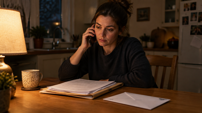 A person at a kitchen table in the evening makes a phone call with a folder of paperwork spread in front of them.