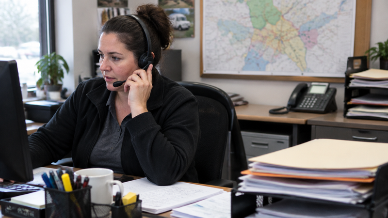 An office manager on a headset call at a cluttered desk, a second desk phone beside a stack of folders and a route map on the wall.