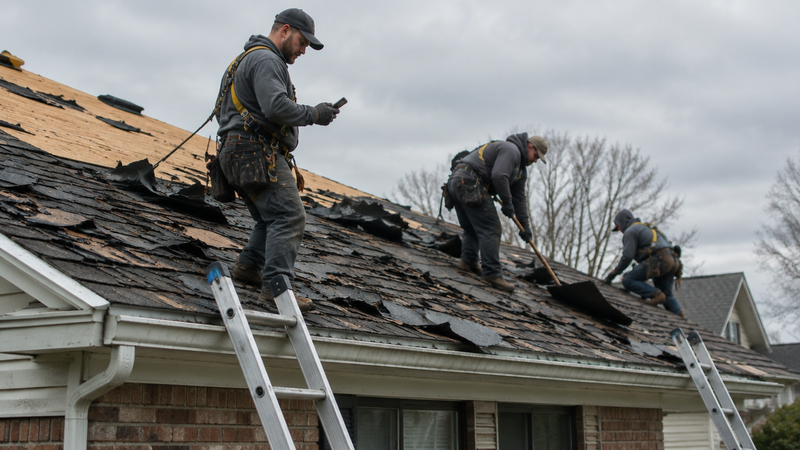 A roofing crew tearing off shingles on a suburban house, one roofer in a harness pausing to look at the phone in his gloved hand.