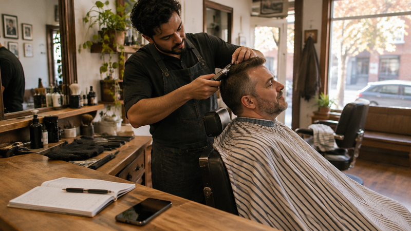 A barber mid-haircut in a small barbershop, a phone lying on the counter next to a paper appointment book.