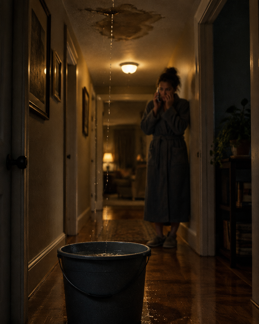 Water dripping from a stained hallway ceiling into a bucket at night while a worried homeowner in a robe talks on the phone in the background.