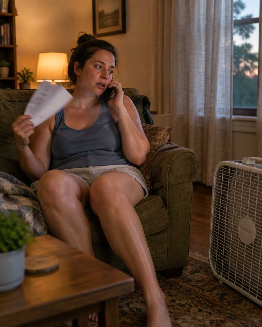A homeowner in a warm living room on a summer evening, fanning with a folded paper while on the phone.