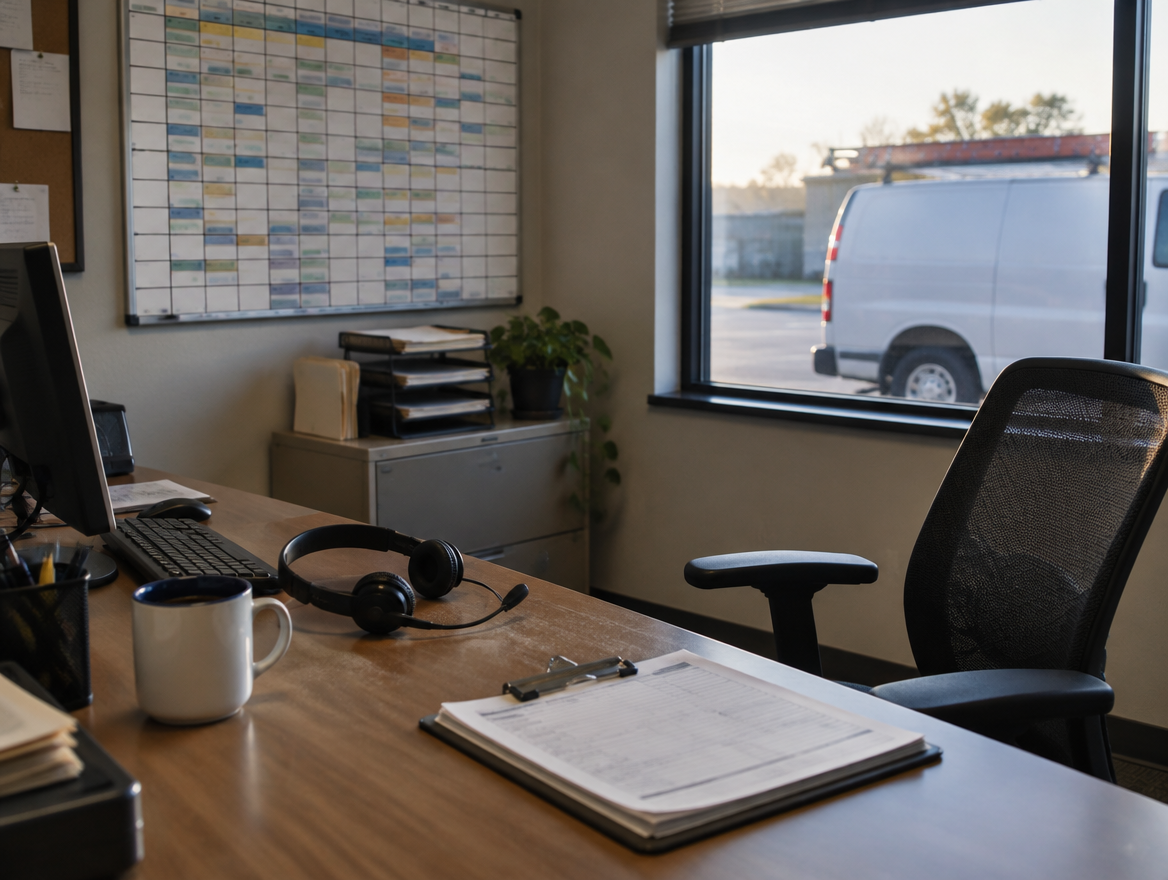 A small HVAC office early in the morning, a headset on the dispatch desk and a service van outside.