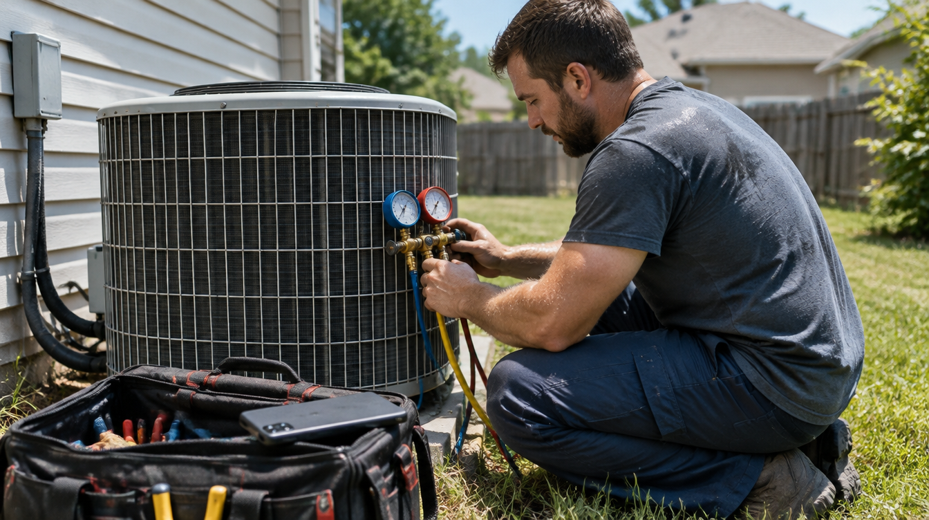 An HVAC technician kneels beside an outdoor AC condenser on a hot afternoon, phone face down on his tool bag.