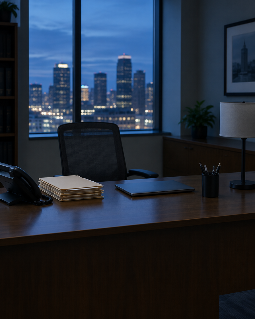 An empty law office reception desk after hours, with a desk phone and a stack of case folders under soft evening light.