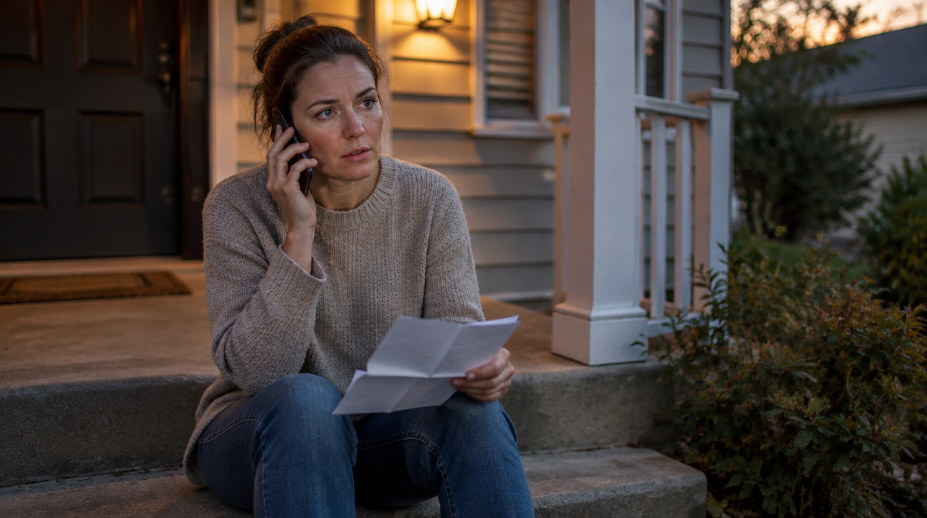 A woman sits on her front steps at dusk with a phone to her ear and a folded letter in her other hand.