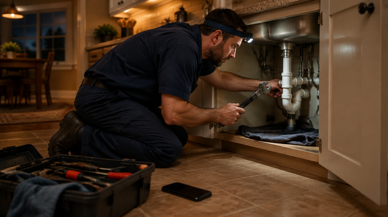 A plumber kneeling under a kitchen sink at night with a headlamp on, his phone face down on the floor beside his toolbox.