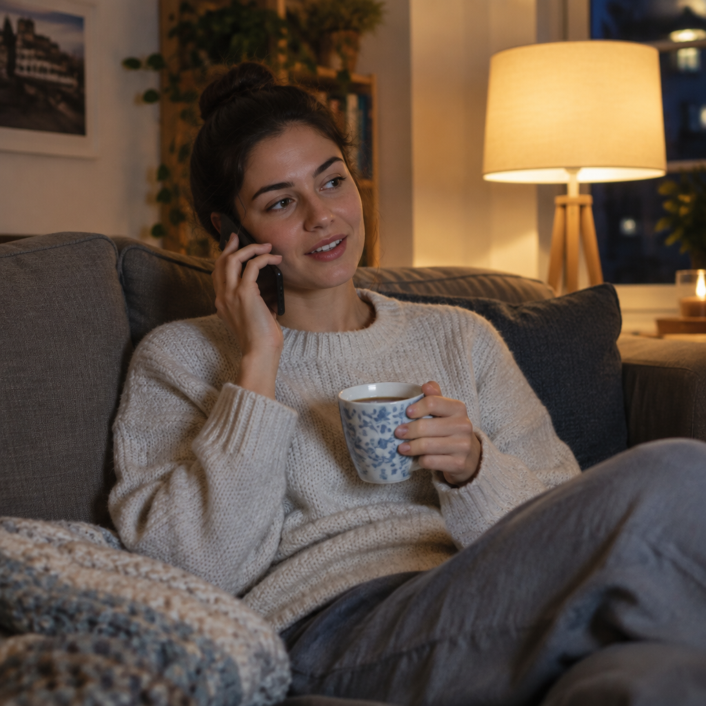 A young woman on a sofa on a Sunday evening makes a phone call, holding a cup of tea.