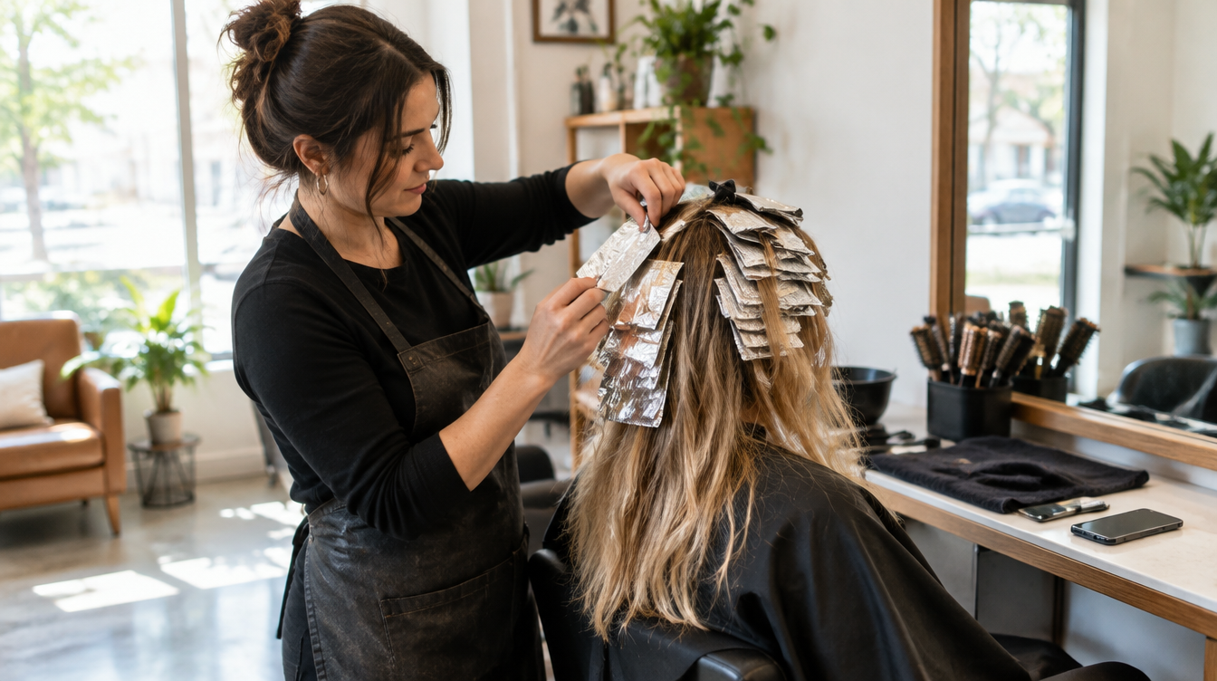 A stylist applies foils to a client's hair in a bright salon, a phone lying on the station counter beside the brushes.