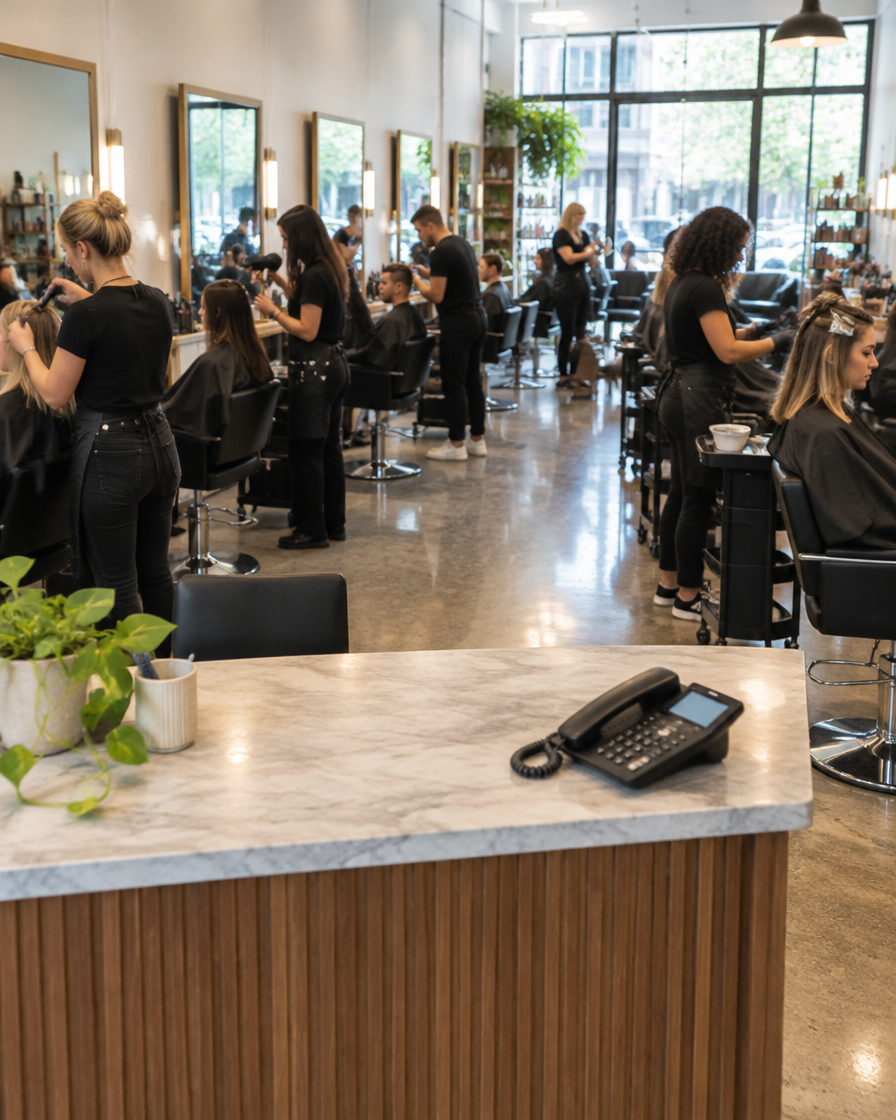 A busy salon on a Saturday morning with every chair full and an unattended front desk in the foreground.