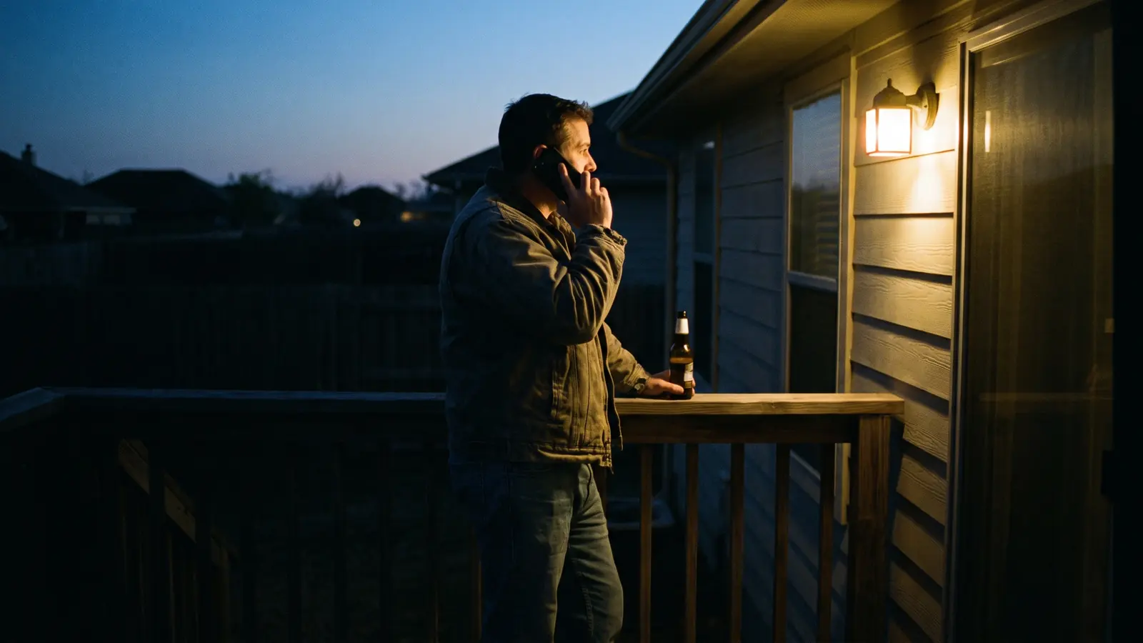 A man standing on a lit porch at dusk, taking a phone call.