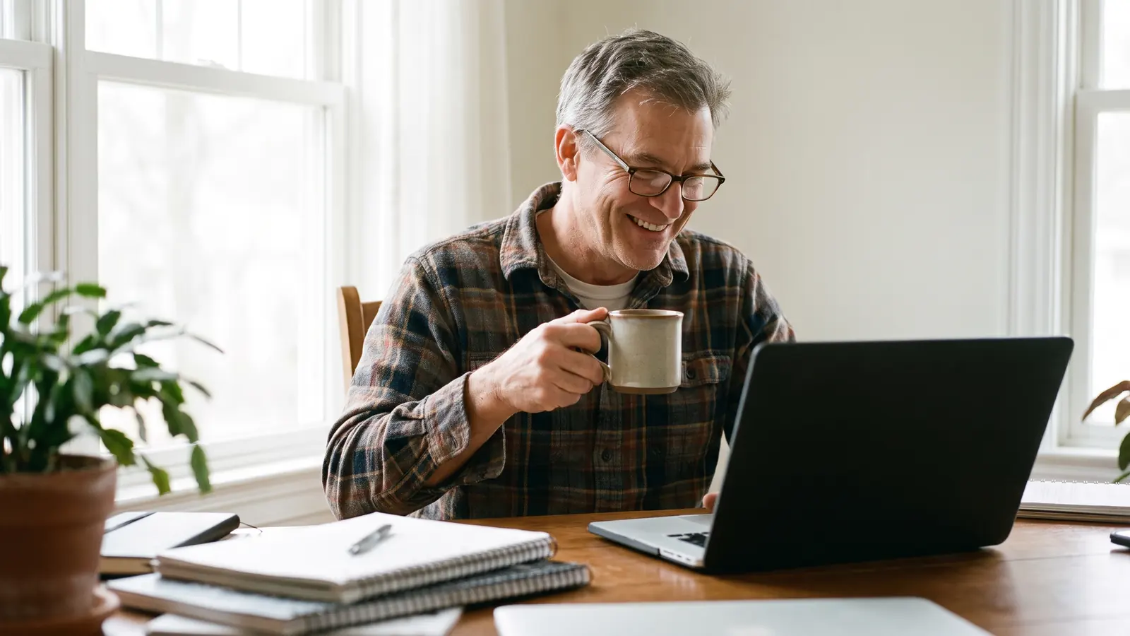 An older man working at a laptop by a window with a coffee, notebook open beside him.