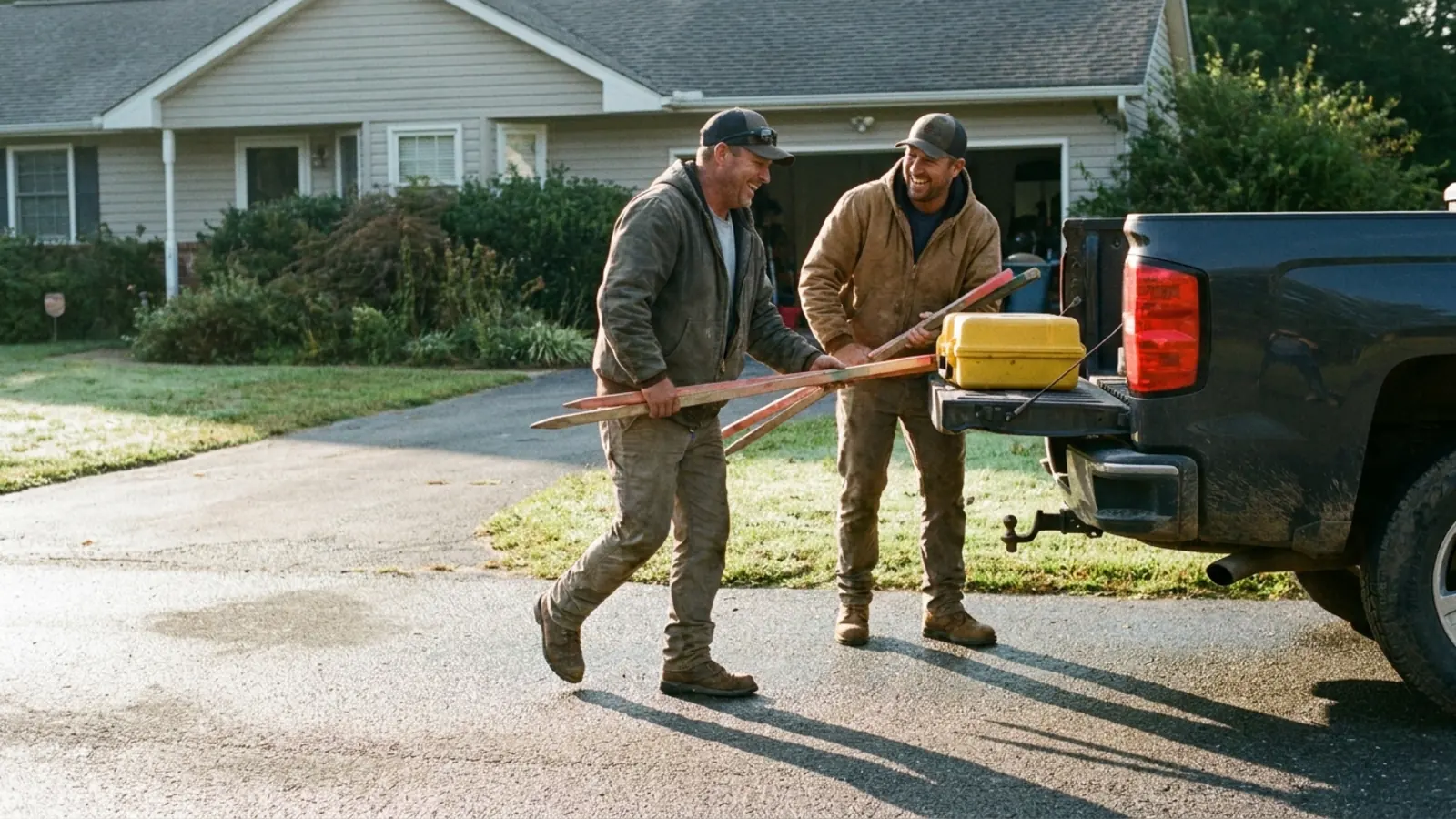Two tradespeople carrying tools up a driveway from their truck to a house.