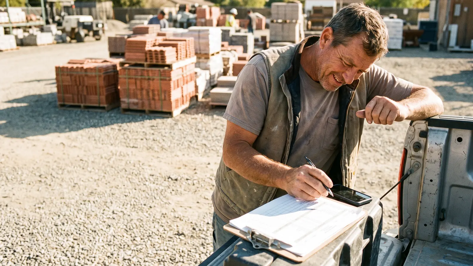 A construction worker filling in a form on the tailgate of a truck at a materials yard.