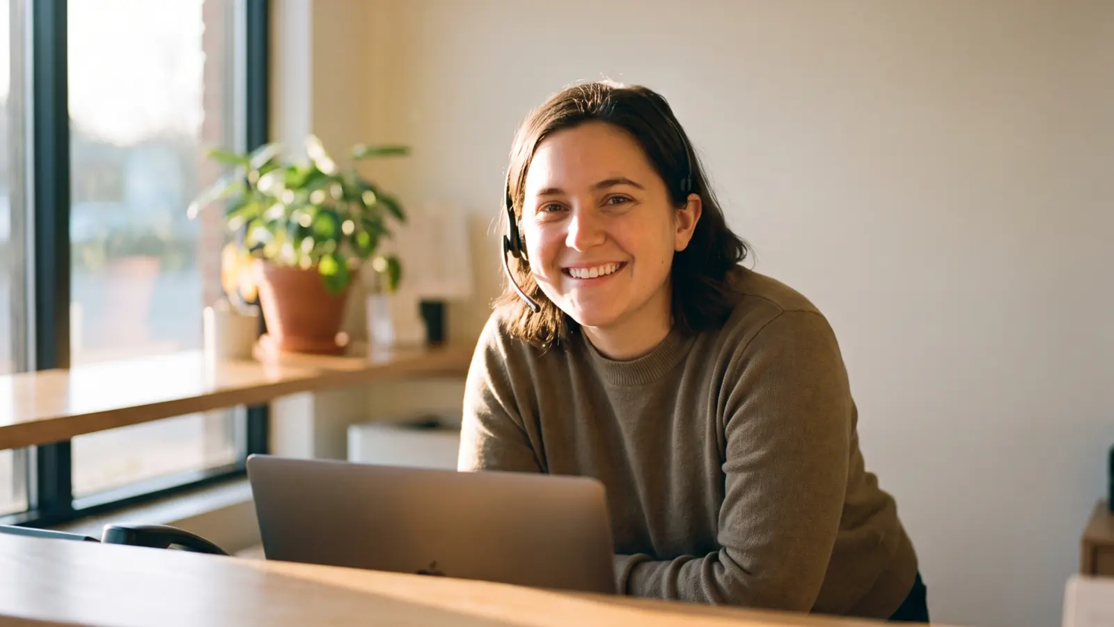 A receptionist wearing a headset at a front desk, smiling, a laptop open in front of her.