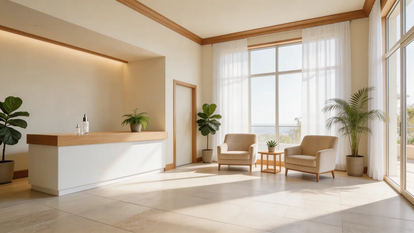 A bright, empty clinic lobby with a reception counter and waiting chairs.