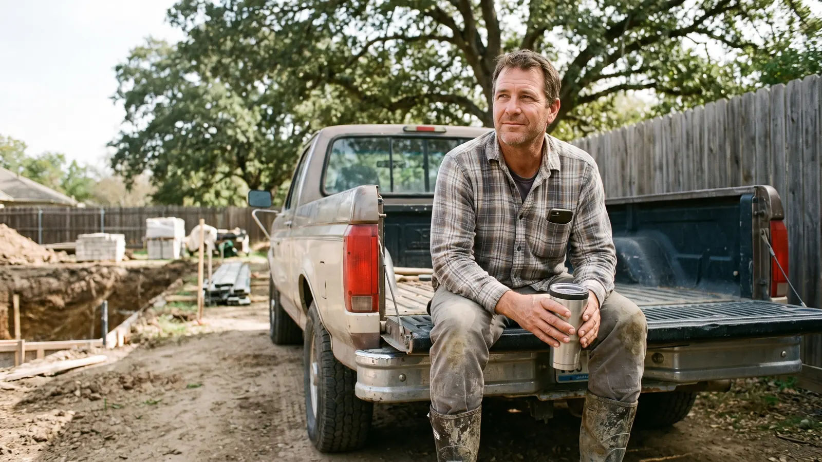 A contractor sitting on the open tailgate of a pickup at a job site, holding a coffee.