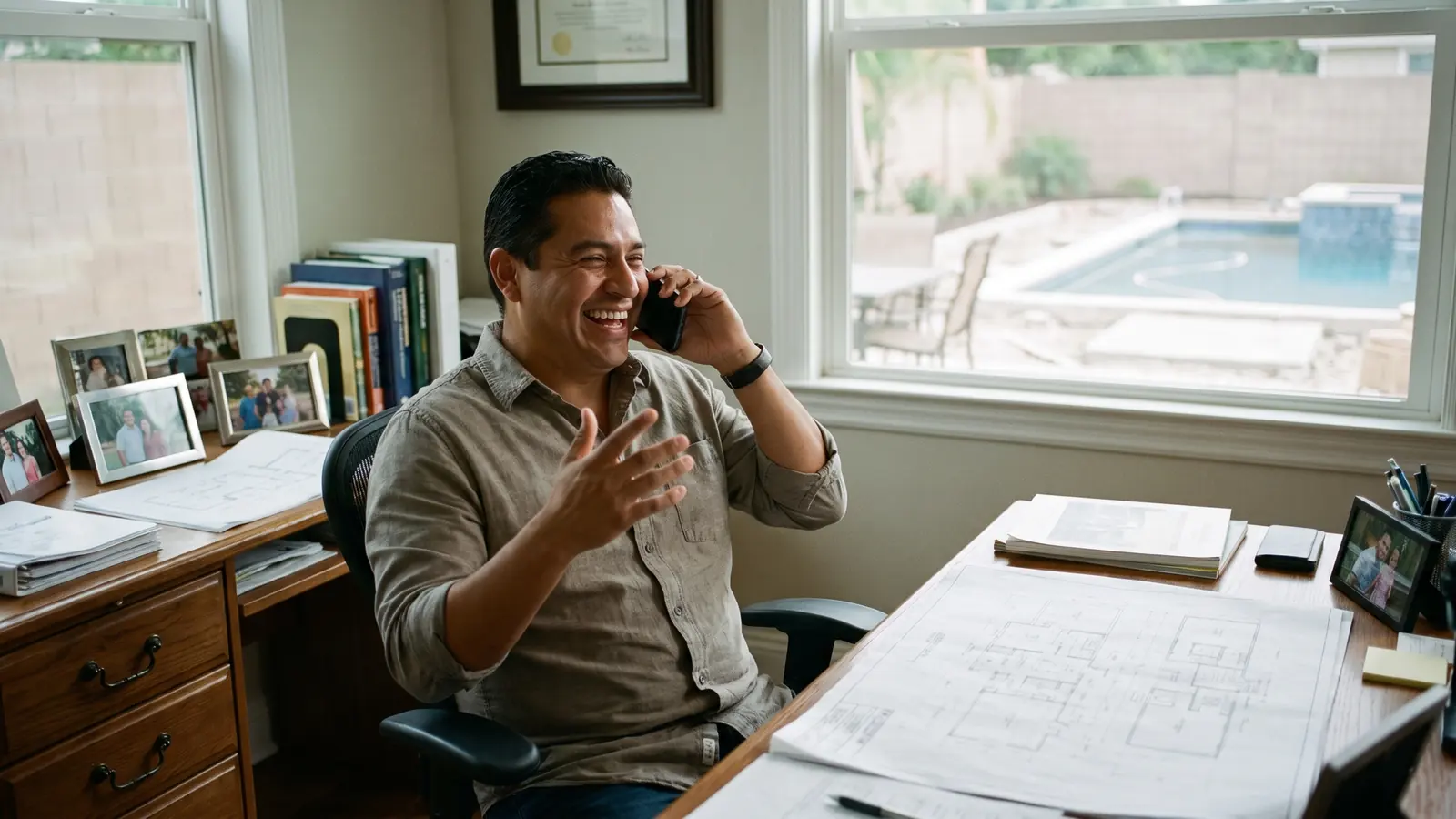 A business owner taking a phone call at his desk in a home office, laughing.