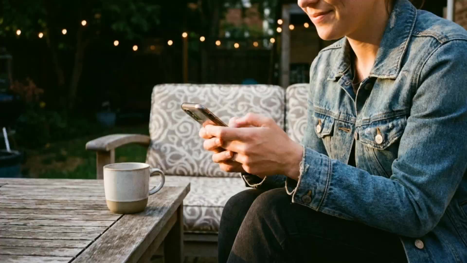 Hands holding a lit phone on a patio table at dusk, string lights behind, a call going unanswered.