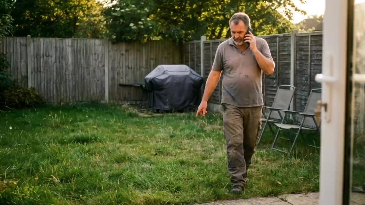 A tradesman crossing his own backyard at golden hour with a phone to his ear.