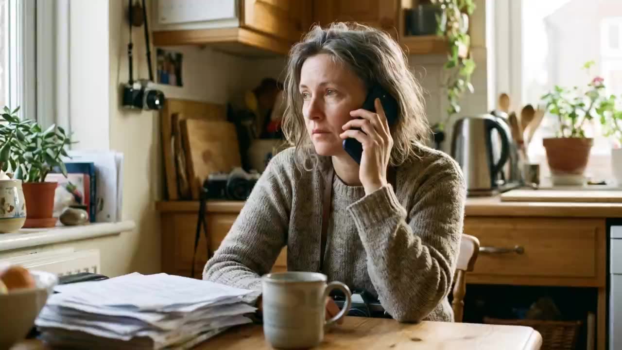 A woman at a kitchen table with paperwork stacked beside her, giving up on a call.