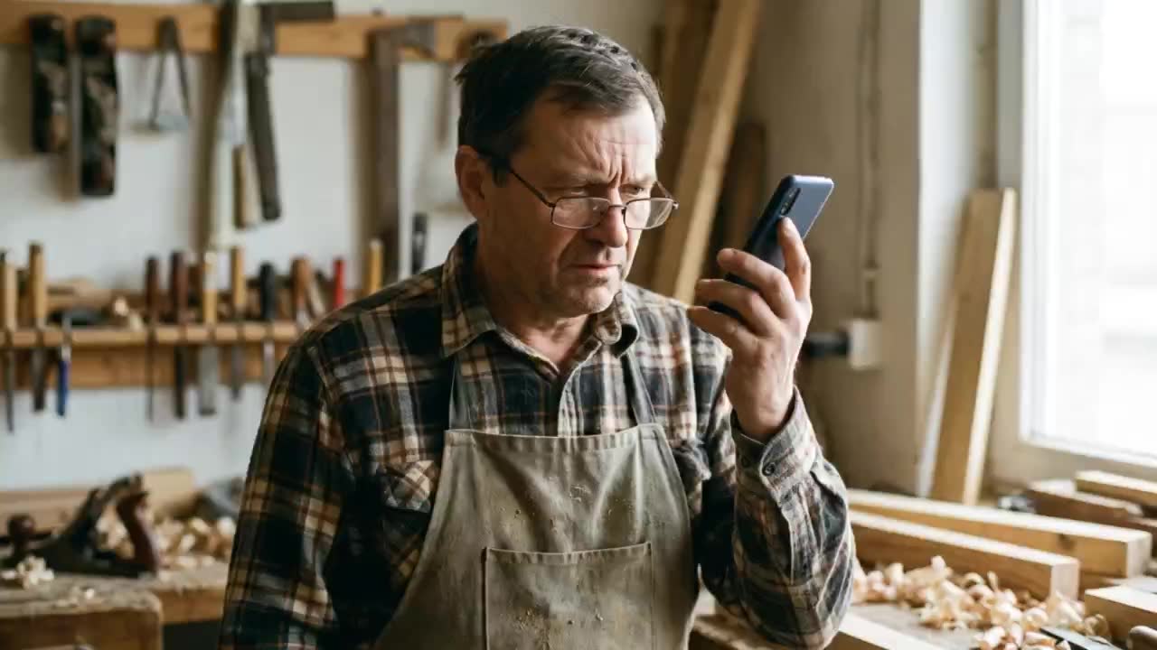 A man in a workshop holding his phone away from his ear, listening to a recording instead of a person.