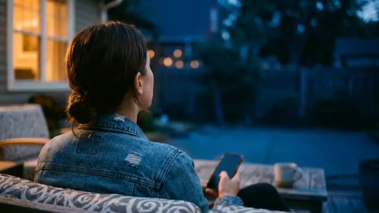 A woman on a patio at dusk with the warm windows of the house behind her, phone to her ear.
