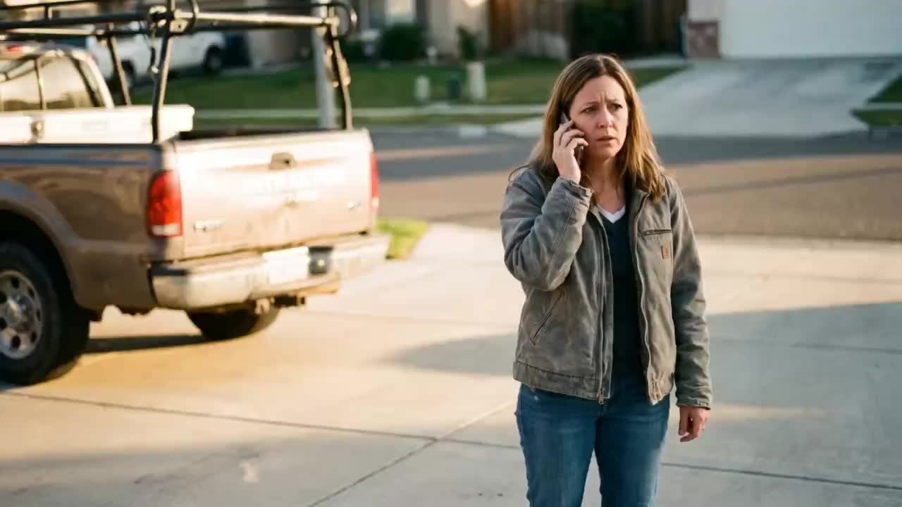 A woman beside a work truck, phone to her ear, nobody picking up on the other end.